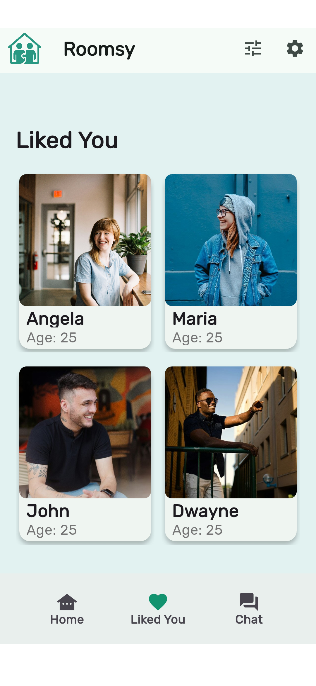 Roomsy screenshot: likes screen